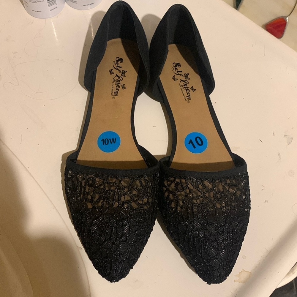 Self Esteem Black Flats with Black Netting